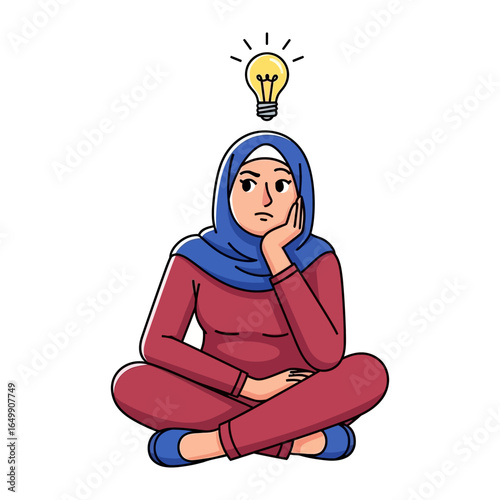 Creative Reflection: A woman in a headscarf sits in a cross-legged position with a lightbulb above her head, deep in thought, pondering solutions in a thoughtful display of creativity.