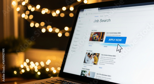 Close-up of laptop screen showing job listings with cursor clicking apply button next to a small plant and warm blurred lights in the background