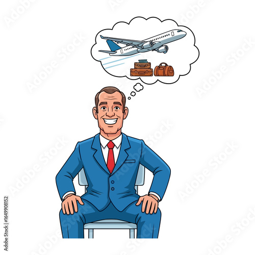 Travel Dreamer: A smartly dressed man envisions his upcoming adventure, daydreaming about a plane journey and the thrill of travel with luggage ready.