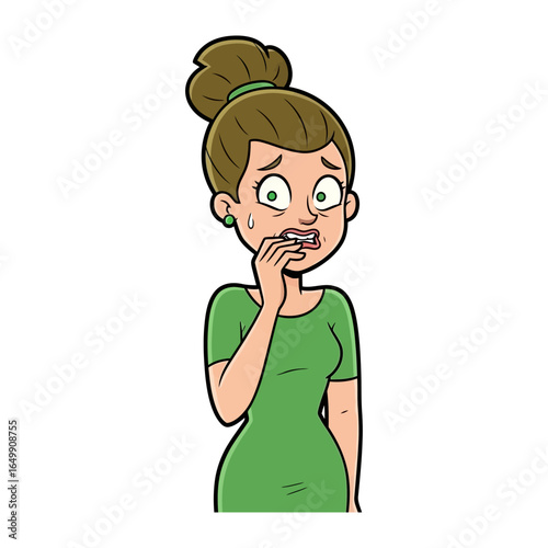 Nervous Woman: A woman, hand near her mouth and showing a worried and anxious expression, portrays the universal feeling of anxiety.