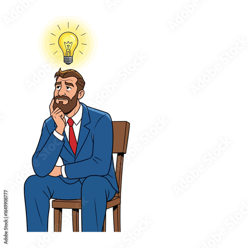 Eureka Moment: Capturing the Spark of an Idea: A thoughtful man, illuminated by a radiant lightbulb, embodies the spark of ingenuity and innovation.  The image perfectly captures a eureka moment!