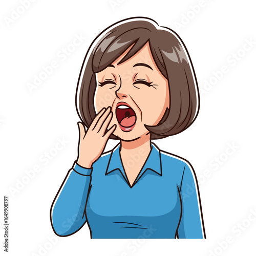 Yawning Woman: An cartoon of woman yawning with open mouth and covering the mouth with hand, showcasing fatigue or boredom.