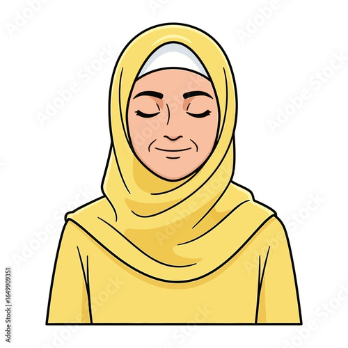 Serene contemplation: A woman adorned in a yellow hijab, her eyes gently closed as she embodies peace and reflection. It is a vivid portrayal of inward contemplation and peaceful composure.