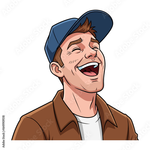 Joyful Portrait: A cheerful man is smiling widely and laughing merrily, capturing the essence of pure joy in a close-up, animated style.