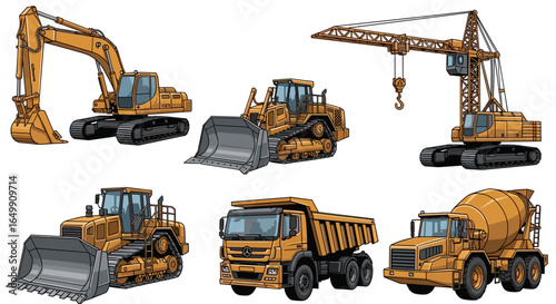 Construction machinery in an illustrative style, featuring various equipment used in building and infrastructure projects. From excavators to cranes and bulldozers.