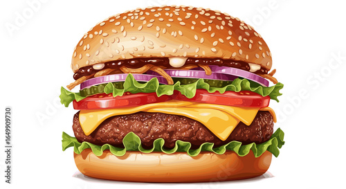 Delicious, juicy, and mouthwatering hamburger, fresh ingredients with vibrant colors. The burger with sesame seed bun, the fresh vegetables, and patty will make everyone's stomach growl
