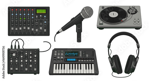 A collection of audio equipment essential for music production and recording, including a mixing console, microphone, turntable, headphones, keyboard and small mixer