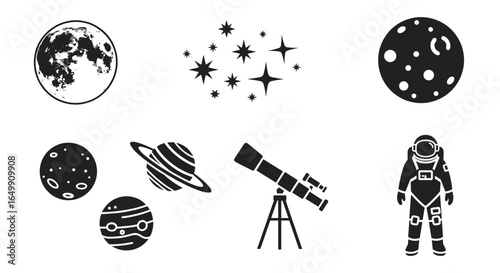 Illustration of various celestial objects and astronaut, perfect for space exploration, astronomy, and science-related projects. This illustration includes a moon, star cluster, planets, a telescope.