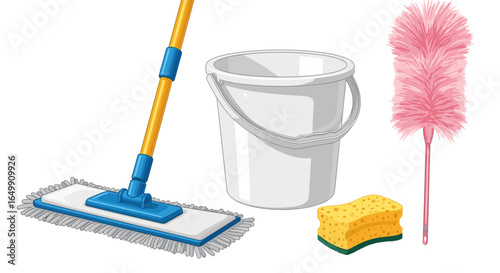 Cleaning Supplies: Mop, Bucket, Duster and Sponge Isolated