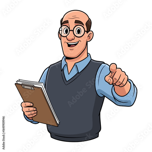 Confident Professional: A professional with glasses and a clipboard confidently points forward, exuding competence and reliability. He embodies expertise and clarity.