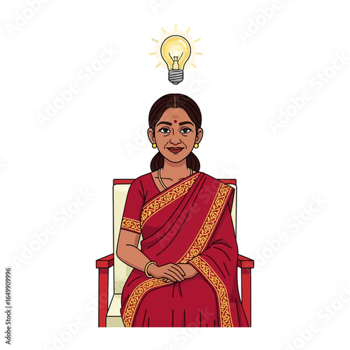 Brilliant Insight: A woman sits with a light bulb above her head. Symbolizing an idea or inspiration. A visual representation of creativity and intellect.