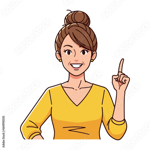 Confident Woman with Upward Gesture: A confident woman smiles brightly, her gaze direct, as she gestures upward, conveying a message of optimism and inspiration.