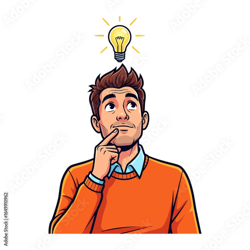 Enlightened Thought: A person gazes upward, a bright lightbulb illuminating the moment of inspiration, symbolizing a spark of brilliant ideas.