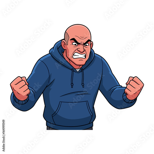 Enraged Person: A stylized illustration of a bald, angry individual, his face contorted in a furious expression, capturing the intensity of emotion. 
