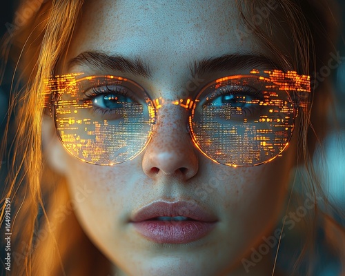 Close-up of a young woman wearing glasses with glowing digital code projected on the lenses