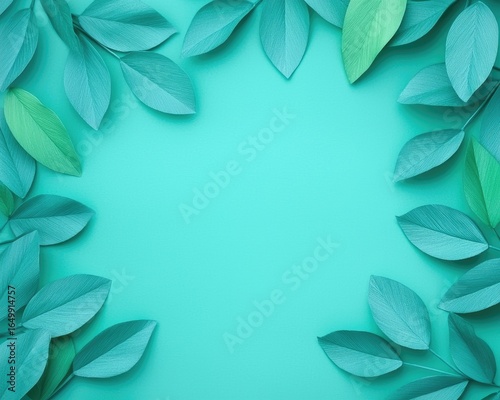 A serene, flat-lay composition of stylized leaves framing a blank teal background, evoking a sense of calm and natural beauty. Leaf edges are distinct