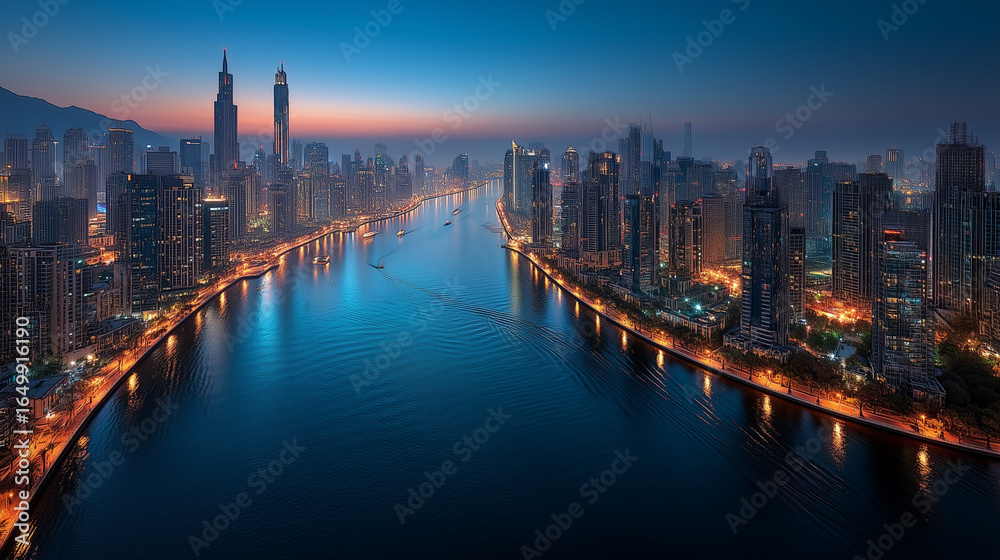 Fototapeta premium aerial view of modern city skyline at night