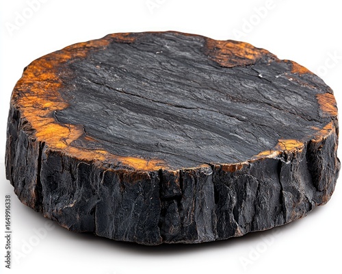 Circular, dark-brown and black wooden/stone slice, smooth top, rough edges