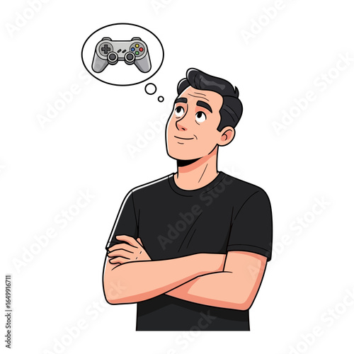Gamer's Thought: A young man in a black t-shirt is dreaming about playing video games, with the image of a game controller hovering above his head, cartoon illustration.