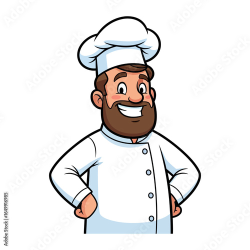 The Cheerful Chef: A jovial cartoon chef, beaming with confidence, stands ready to create a culinary masterpiece, symbolizing skill, passion, and dedication in the kitchen.