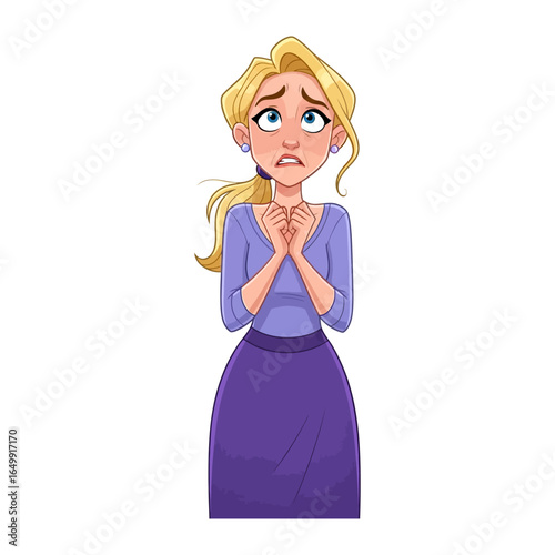 Anxious Reflection: A cartoon illustration of a young woman expresses worry, her eyes gazing upwards, hands clasped in apprehension, and she embodies the weight of deep concerns.