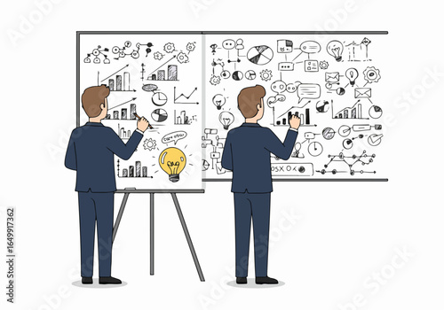 Businessmen actively engaged in brainstorming and strategic planning, illustrating complex ideas with hand-drawn charts, graphs, and symbols on whiteboards, symbolizing innovation and analysis.
