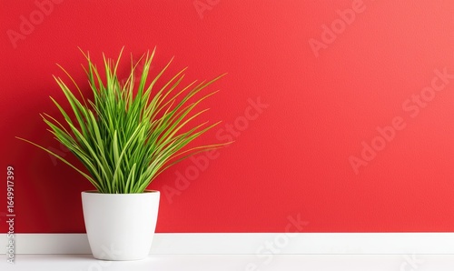 A small potted plant, vibrant green grass, sits on a white surface against a bold red wall