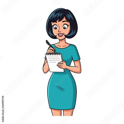 Focused and Intent: An elegant woman diligently scribbles notes onto her pad, capturing the essence of professionalism and thoughtfulness in a clean, visually appealing cartoon