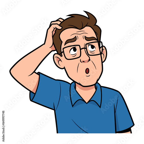 Man in Deep Thought: A man wearing glasses, looking puzzled and contemplative, scratches his head in thought. The image showcases a moment of introspection and problem-solving.