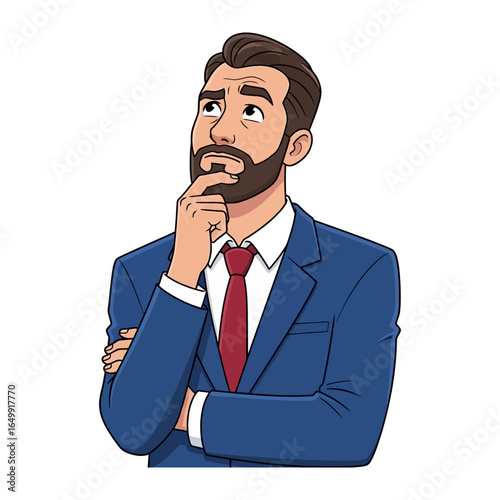 Contemplative Business Professional: A thoughtful businessman, captured in a digital illustration, contemplates a crucial decision, reflecting a state of strategic thought.