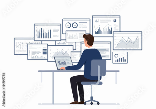 Business professional analyzing complex data and financial reports using a laptop, surrounded by numerous charts and graphs, representing in-depth analytics and insights.
