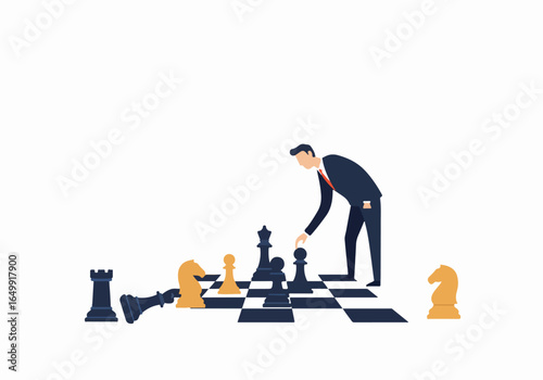 Businessman playing chess, symbolizing strategic planning, business competition, and intelligent decision-making for success.