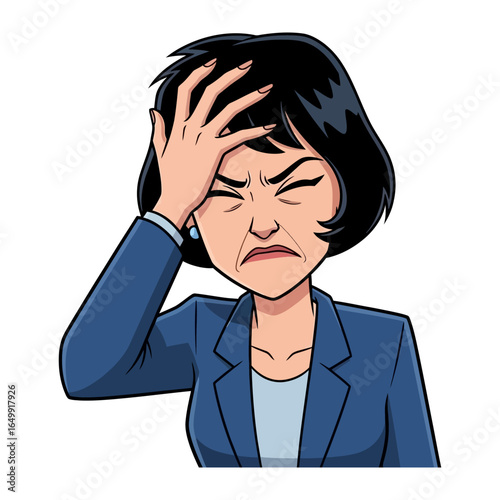 Frustrated Woman: A woman with short hair, wearing a suit jacket, holds her hand to her head, eyes closed, exuding frustration, stress, and concern, capturing a moment of overwhelmed emotions.
