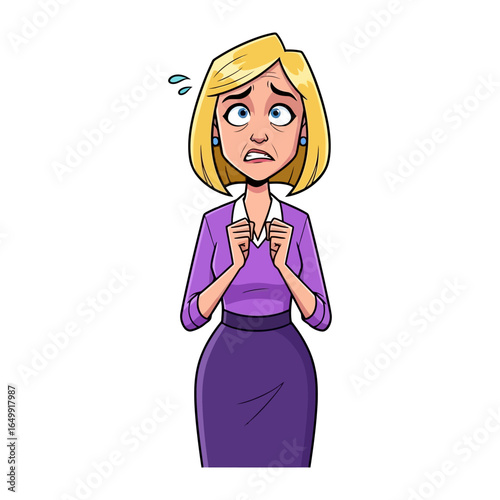 Apprehensive Woman: A woman looks frightened or nervous, expressing a relatable emotional state, illustrated vividly, her features communicating anxiety.