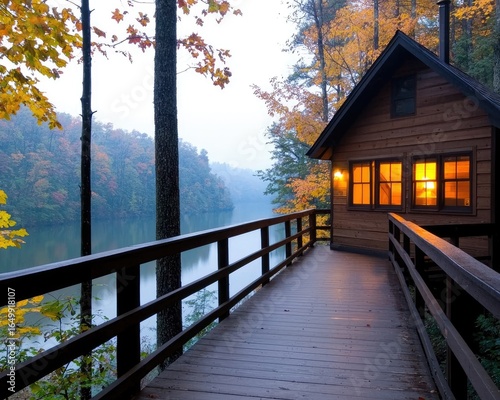 A cozy cabin overlooking a serene lake at dawn, bathed in warm light.  Tranquil autumnal scenery