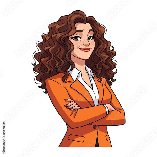 Confident Businesswoman: A composed and stylish businesswoman with flowing hair, dressed in a smart blazer, stands with arms crossed.