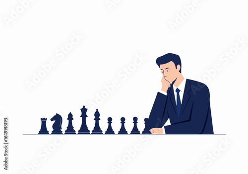 Businessman pondering a strategic move with chess pieces, representing business planning and problem-solving.