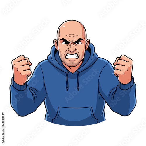 Inner Fury: A bald man in a blue hoodie radiates intense anger. Expressing frustration and rage with clenched fists, this illustration represents the depths of human emotion.