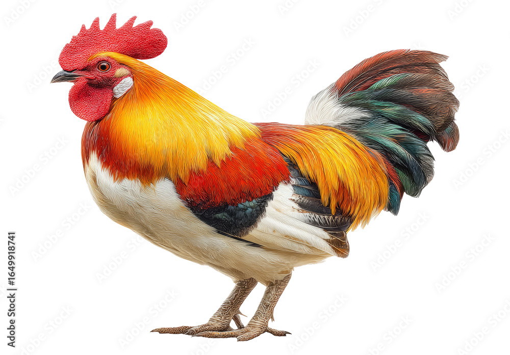 Fototapeta premium Colorful Chicken with Elaborate Plumage Isolated on Transparent Background