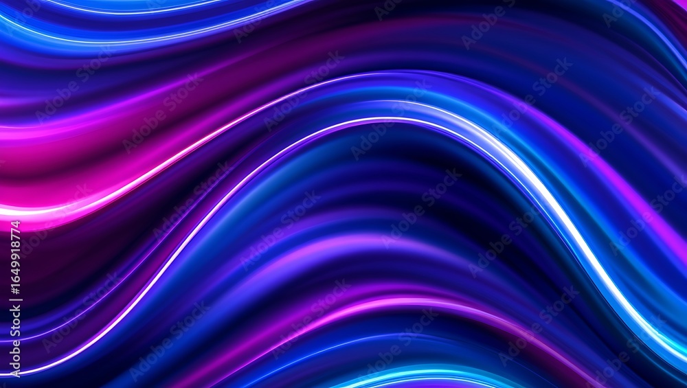 Naklejka premium Dynamic neon glowing waves with vibrant pink, purple, and blue light streaks on a dark background.