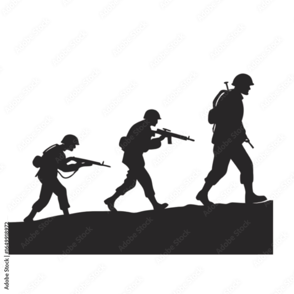 Naklejka premium Silhouettes of soldiers in different stages of war isolated on white background