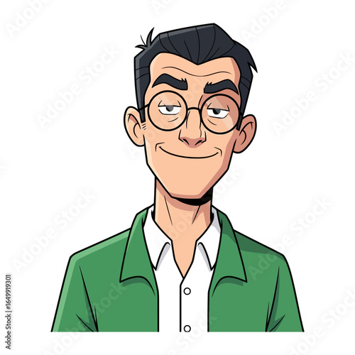The Intellectual Observer: A focused man, smartly dressed in a green jacket and glasses, embodying intellect and contemplation with a hint of playful amusement.