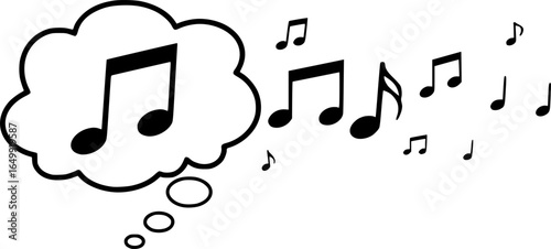 Melody in Thoughts: A symbolic representation of musical ideas, showcasing musical note motifs emerging from a thought bubble, creatively visualized in black and white.