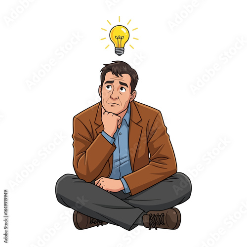 Insightful Contemplation: A man contemplates, a light bulb illuminating above him, symbolizing a moment of creative thought and problem-solving. 