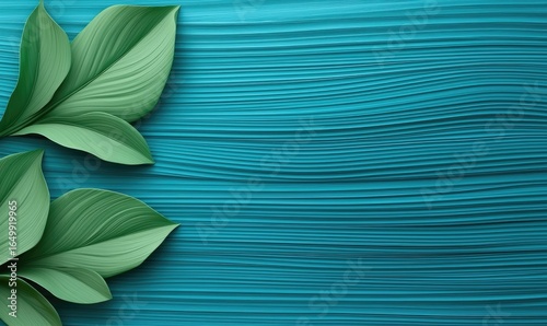 Lush green leaves contrast against a textured turquoise background with wavy lines. A calming, organic feel evokes nature and tranquility