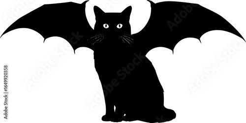 Mysterious Feline with Wings: A captivating black cat with bat-like wings and piercing eyes sits in a stark monochrome illustration, exuding an aura of intrigue and subtle darkness