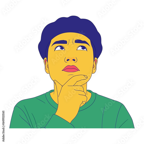 Contemplative Mind: A thoughtfully illustrated individual, bathed in vibrant color and a keen eye, fixates upwards, lost in thoughtful reflection and contemplative self-expression.