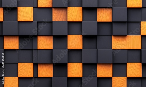 A grid of alternating black and orange wooden blocks, creating a textured and geometric pattern. The blocks are arranged in a checkerboard design, giving a 3D effect