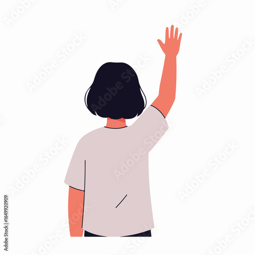 Back view of person raising hand illustration. Flat vector artwork of woman with dark hair gesturing upwards, isolated on white background.