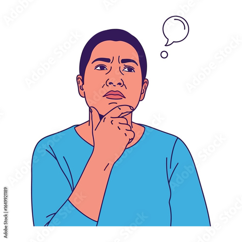 Contemplation and Inquiry: a person deep in thought, thoughtfully stroking chin, with a visual representation of inner monologue or thought process.